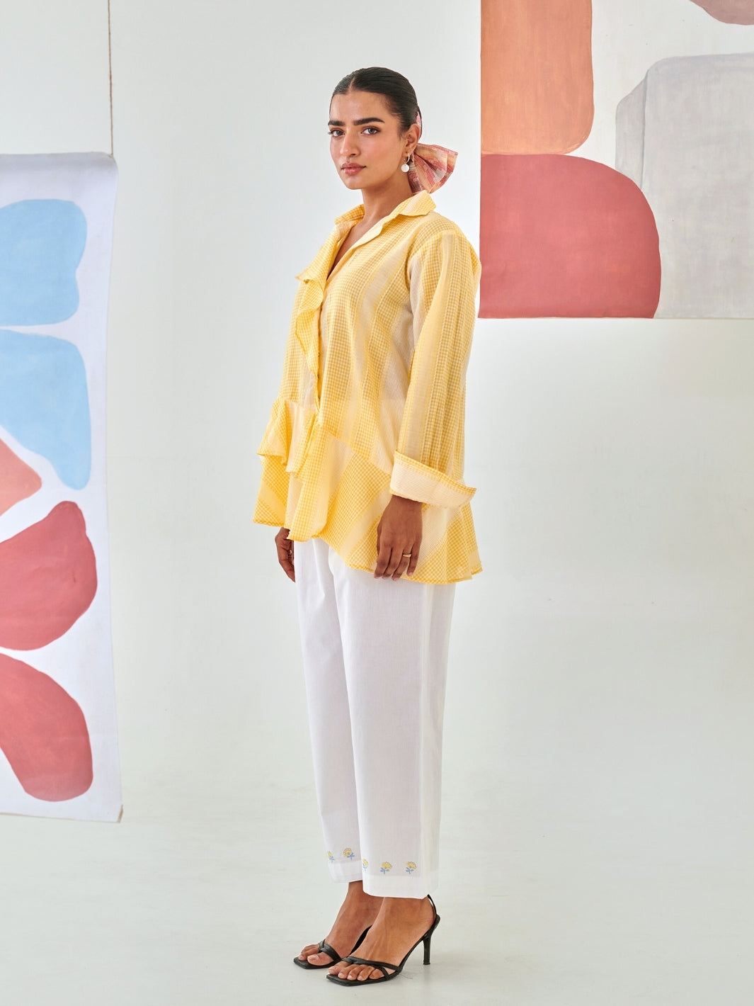 Yellow Check Asymmetric Shirt With White Floral Embroidery Pants