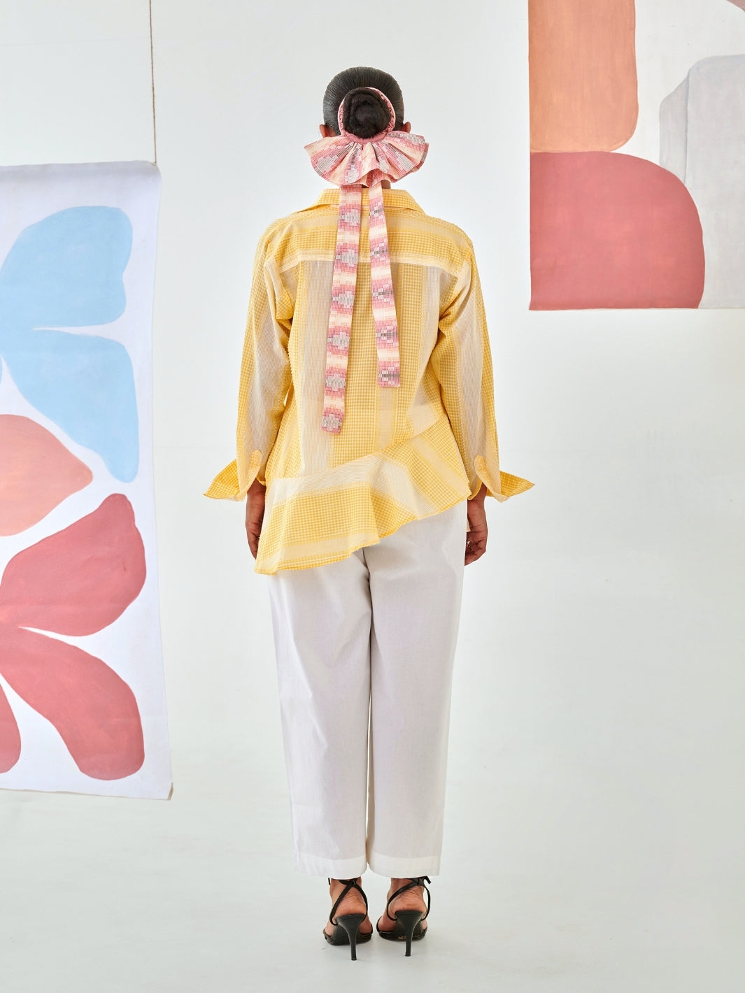 Yellow Check Asymmetric Shirt With Draped Placket