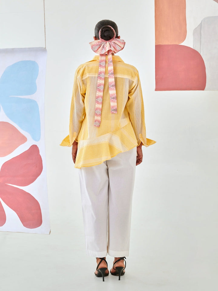 Yellow Check Asymmetric Shirt With Draped Placket