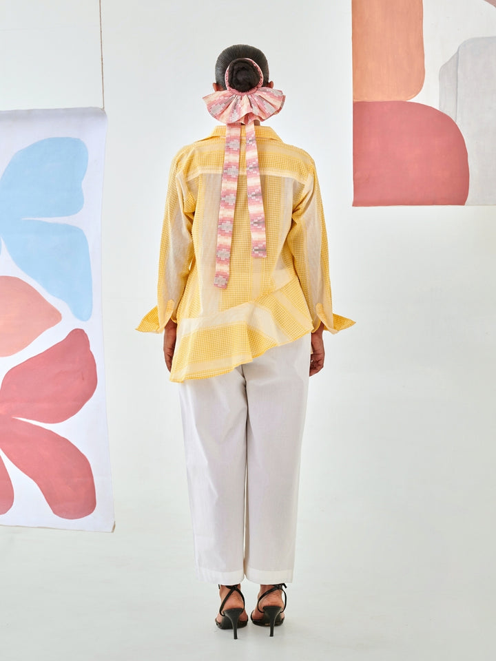 Yellow Check Asymmetric Shirt With Draped Placket