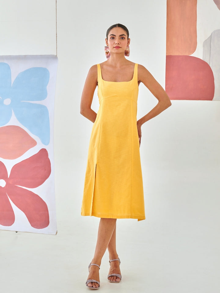 Yellow Linen A-Line Sleeveless Dress