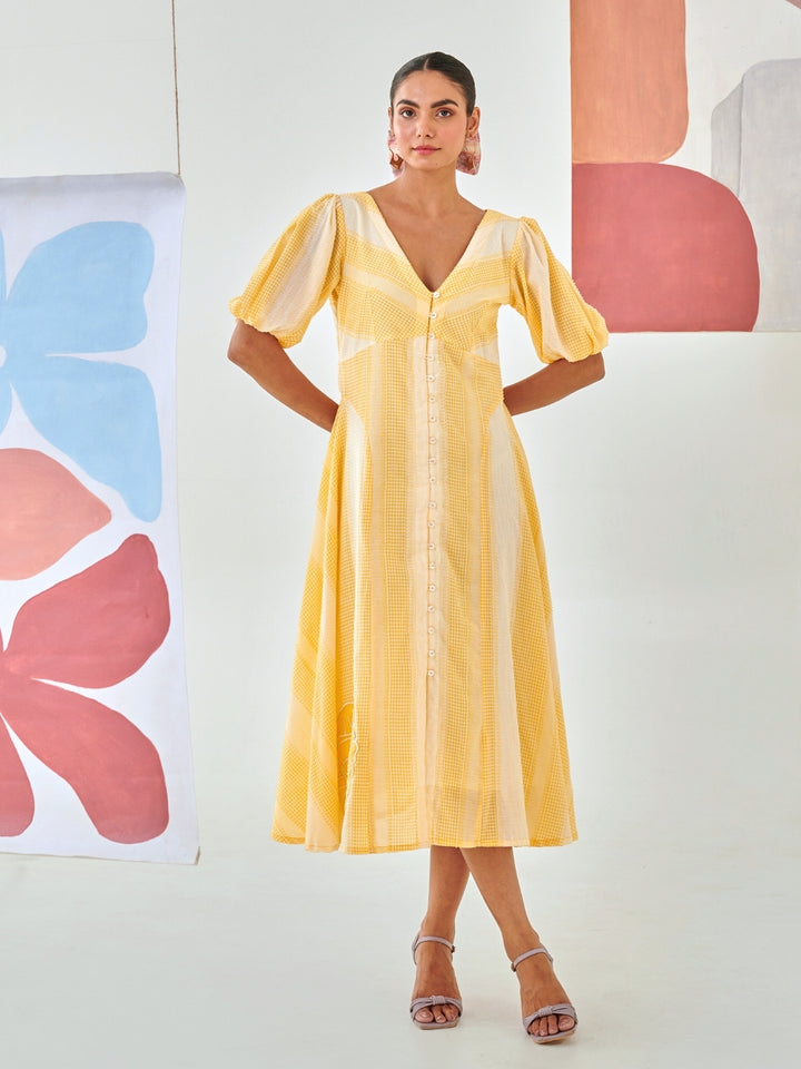 Yellow Check A Line Dress With Flower Patch Detail