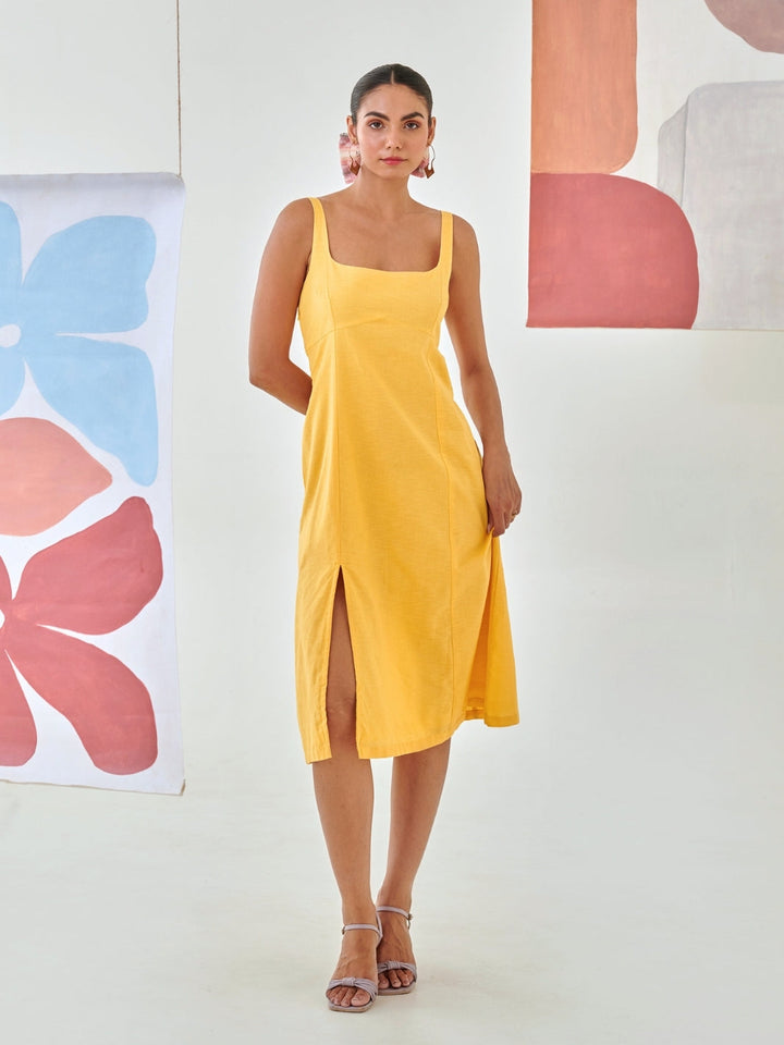 Yellow Linen A-Line Sleeveless Dress