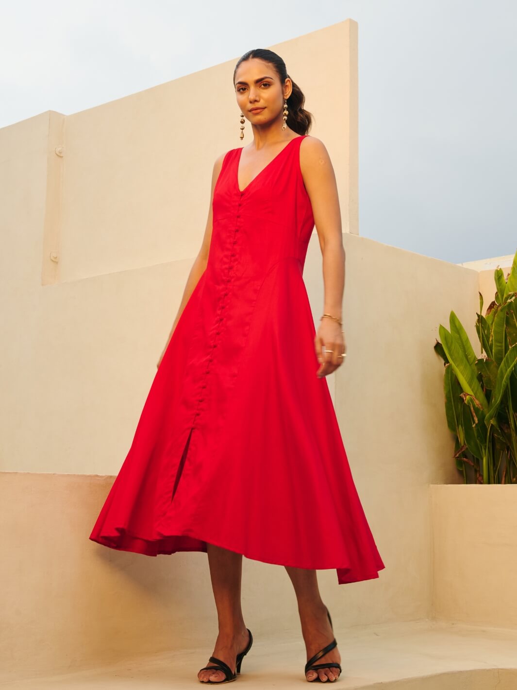 Deep Red Cotton Satin Sleeveless Party Dress MoonTara Deep Red Cotton Satin Sleeveless Party Dress MoonTara