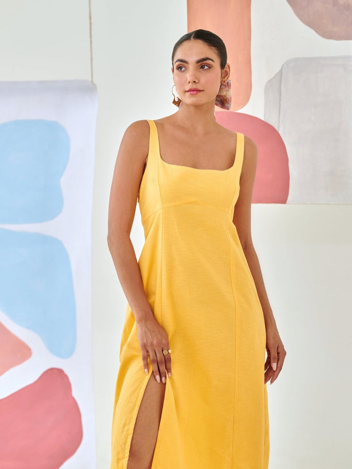 Yellow Linen A-Line Sleeveless Dress