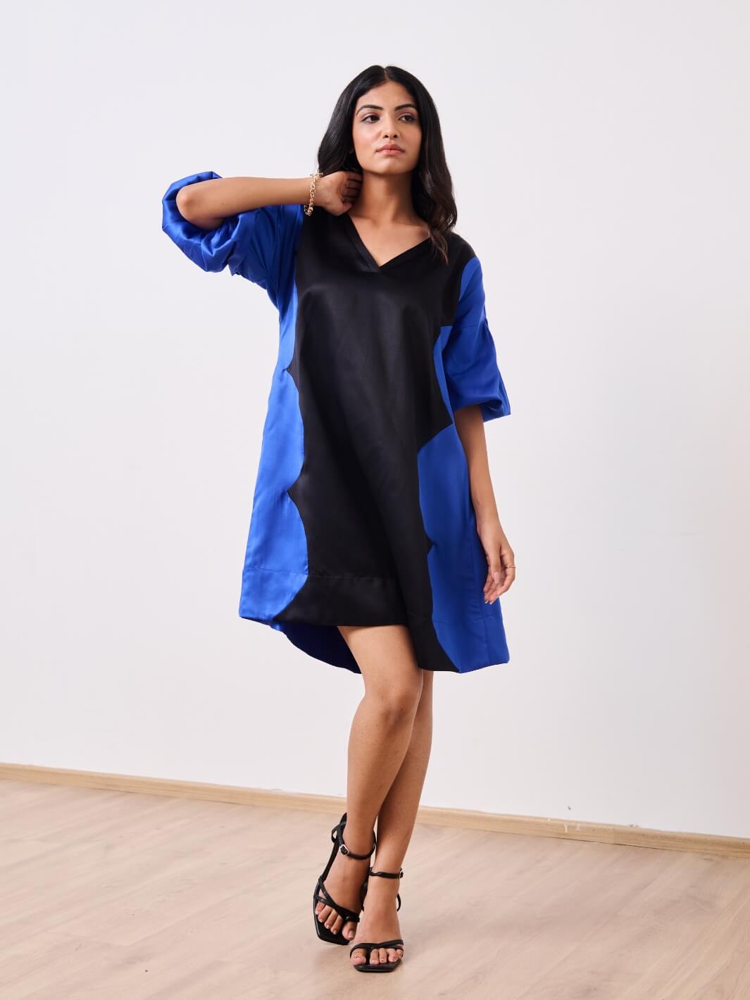 Blue & Black Cotton Satin V-Neck Short Party Dress  MoonTara