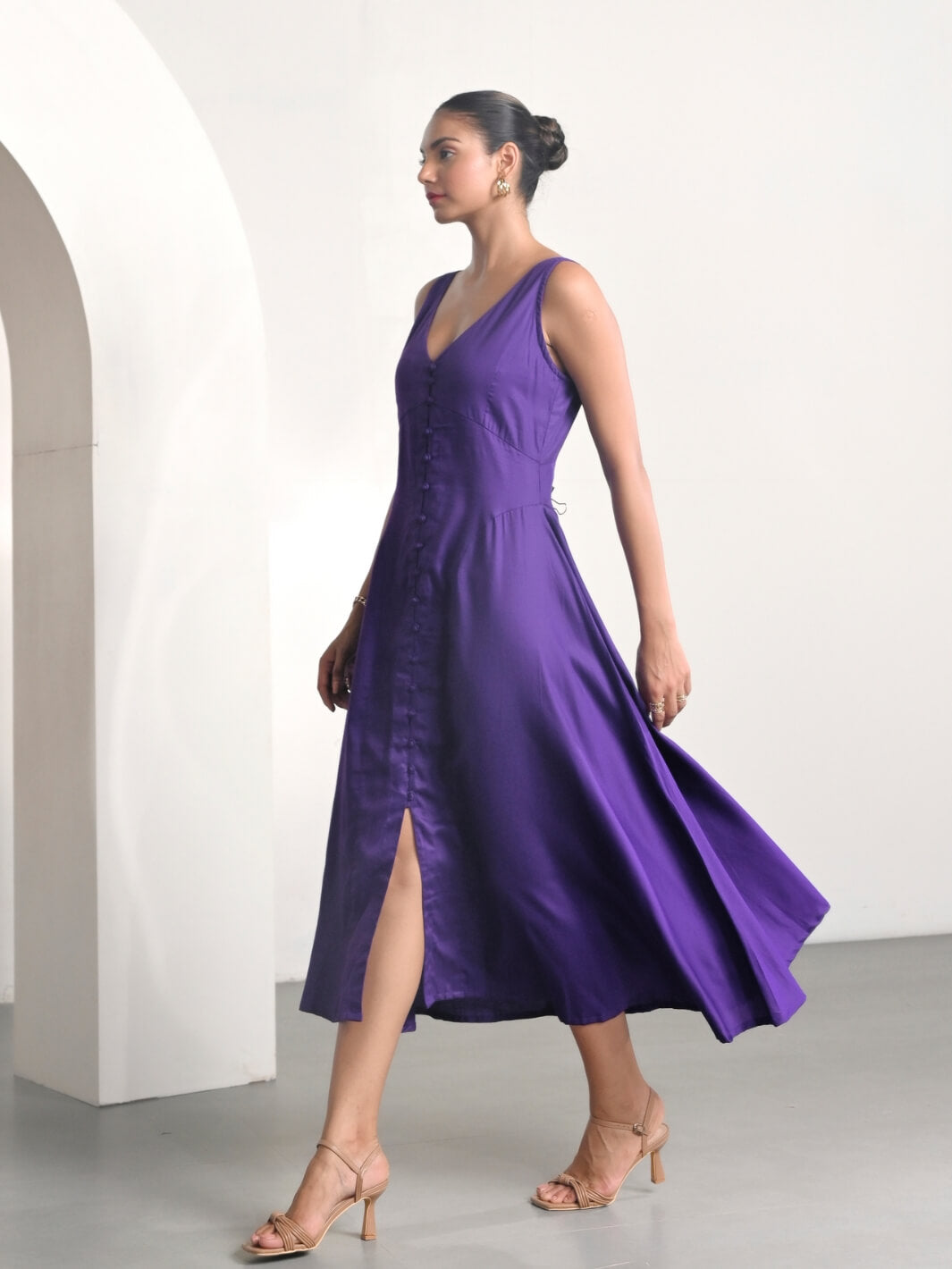 Purple Cotton Satin Sleeveless Party Dress – MoonTara