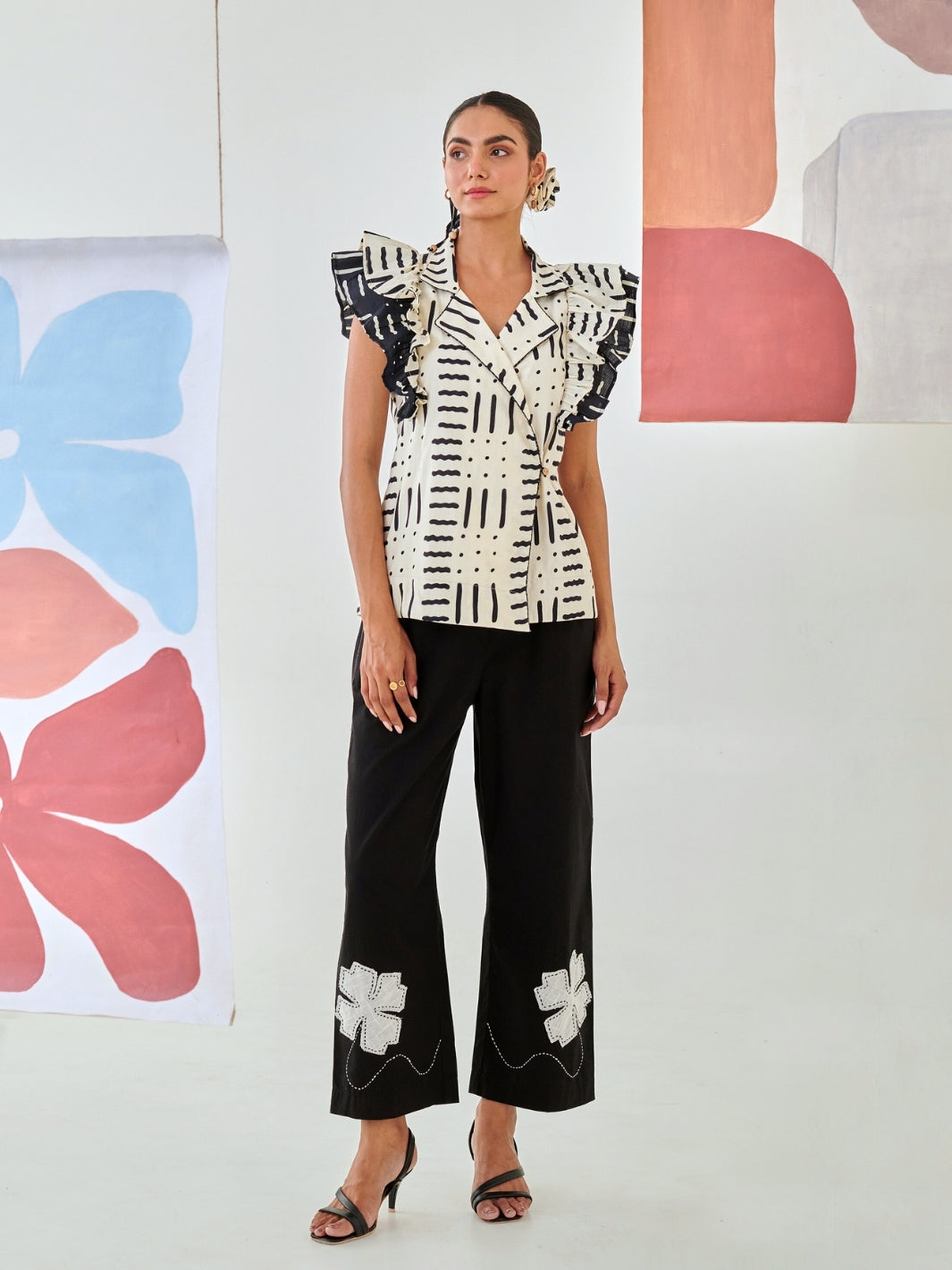 Black & White Printed Ruffled Jacket With Black Flower Patch Pants