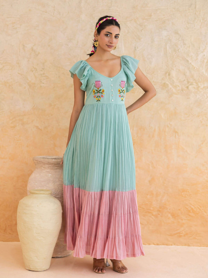 Rosie : Cotton Voile Maxi Dress for Women in Mint Green | Embroidered Tiered Summer Dress