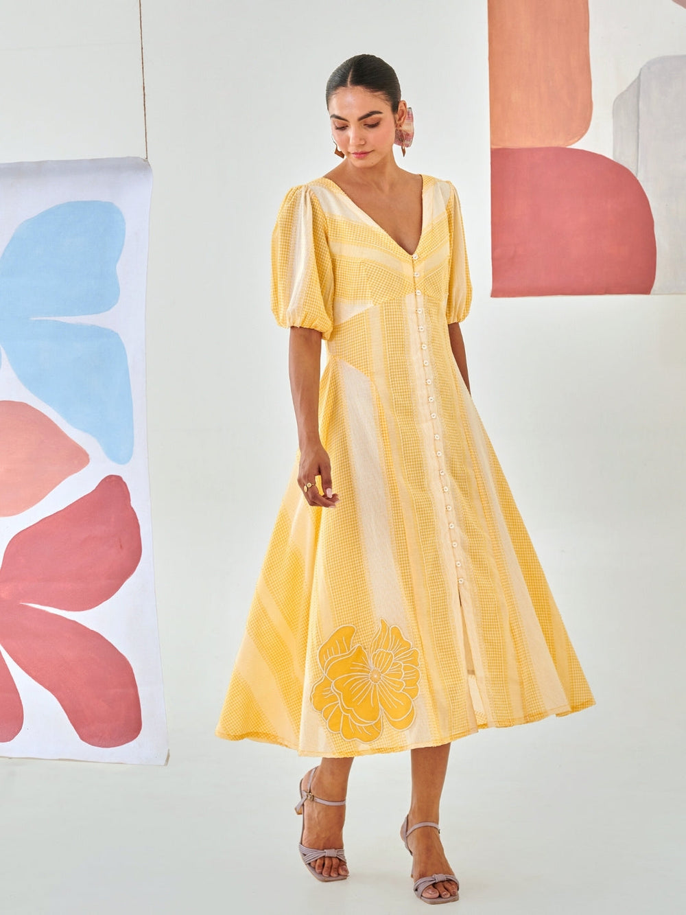 Yellow Check A Line Dress With Flower Patch Detail