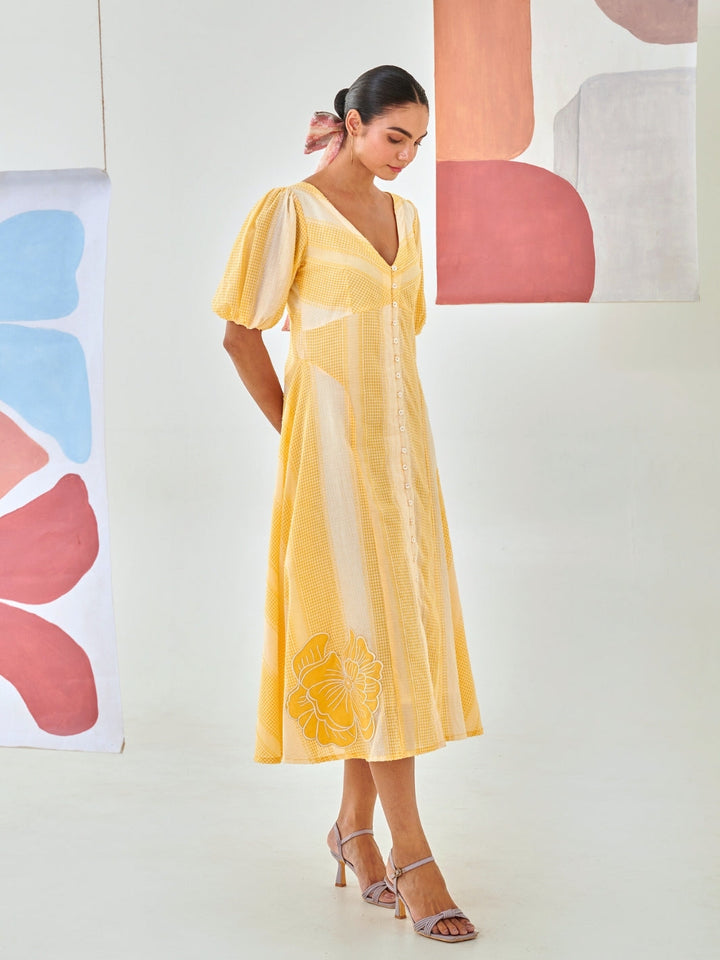 Yellow Check A Line Dress With Flower Patch Detail
