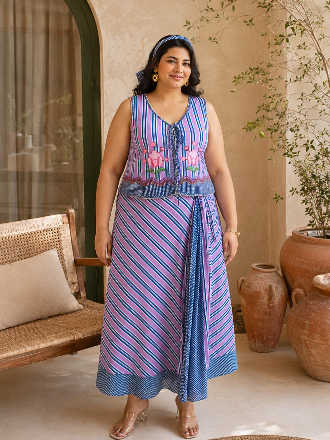 Viola Set : Cotton Skirt Set for Women in Lilac & Blue| Striped 2-Piece Summer Outfit