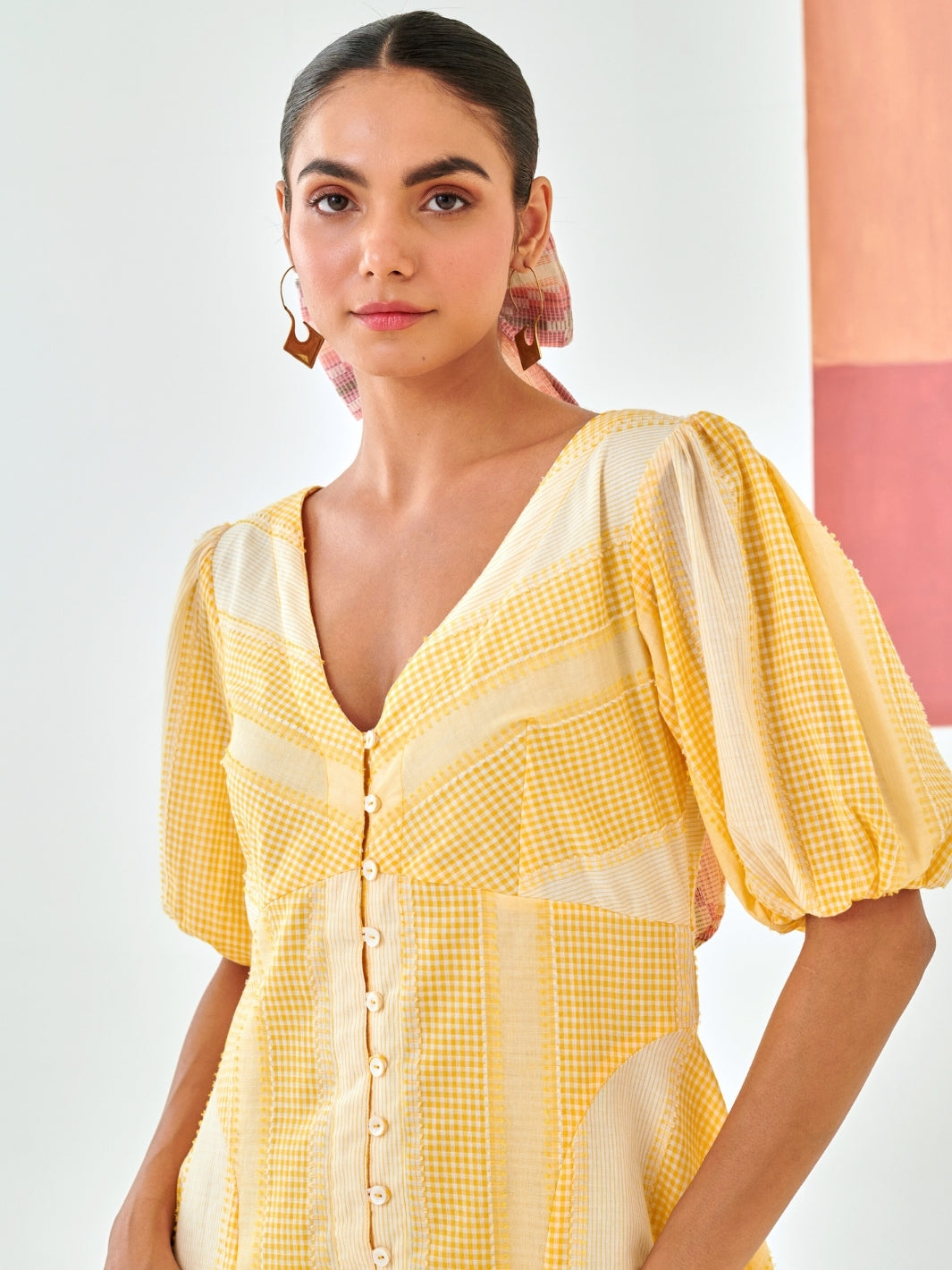 Yellow Check A Line Dress With Flower Patch Detail