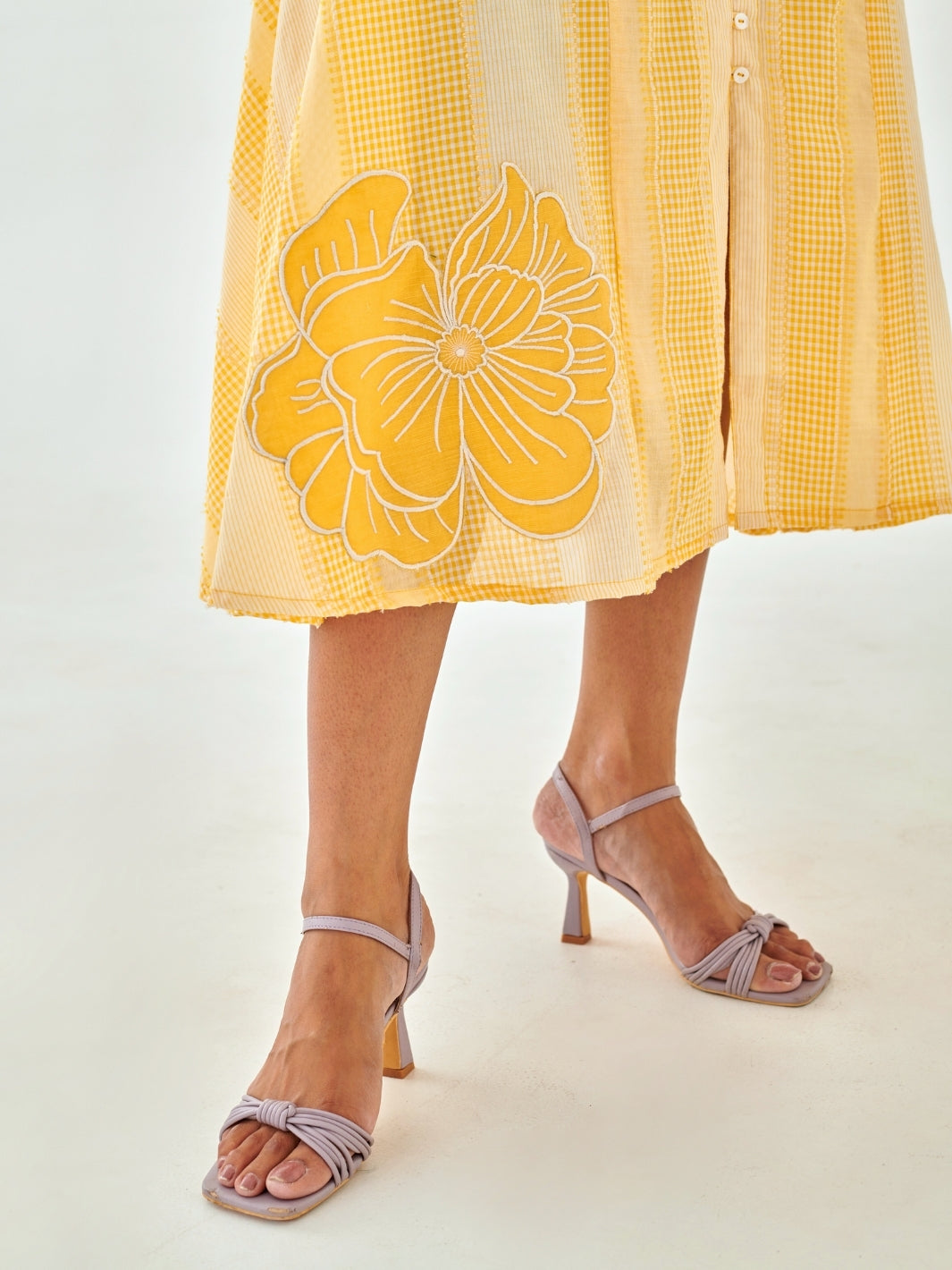 Yellow Check A Line Dress With Flower Patch Detail