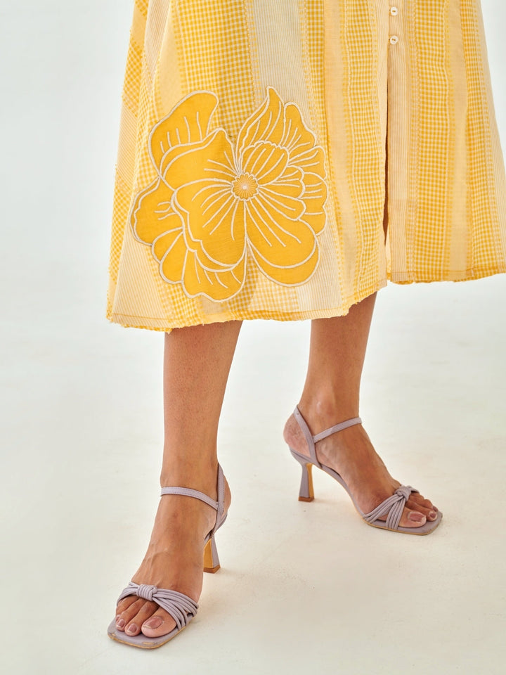 Yellow Check A Line Dress With Flower Patch Detail