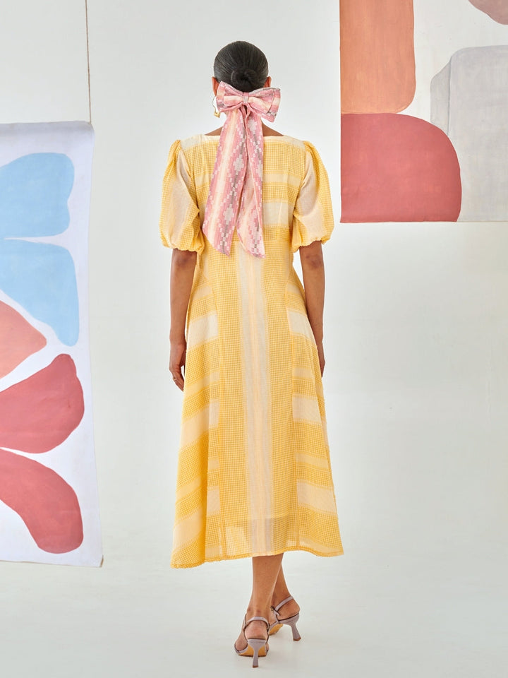 Yellow Check A Line Dress With Flower Patch Detail