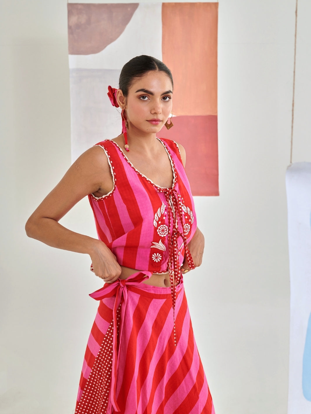 Pink & Red Striped Top With Embroidery Detail