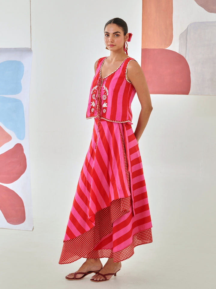 Pink & Red Striped Top With Embroidery Detail