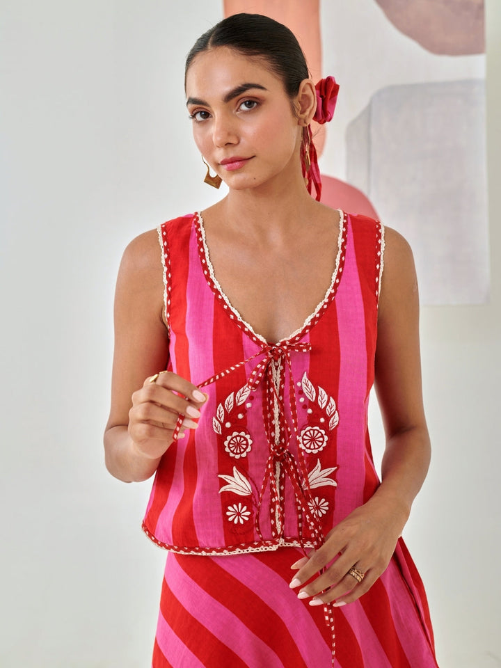 Pink & Red Striped Top With Embroidery Detail
