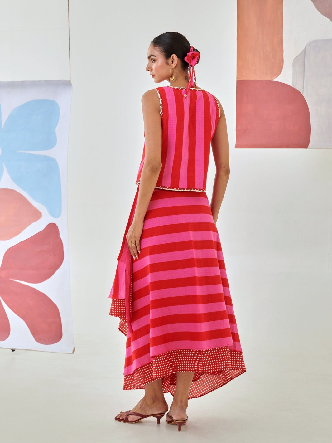 Pink & Red Striped Top With Embroidery Detail