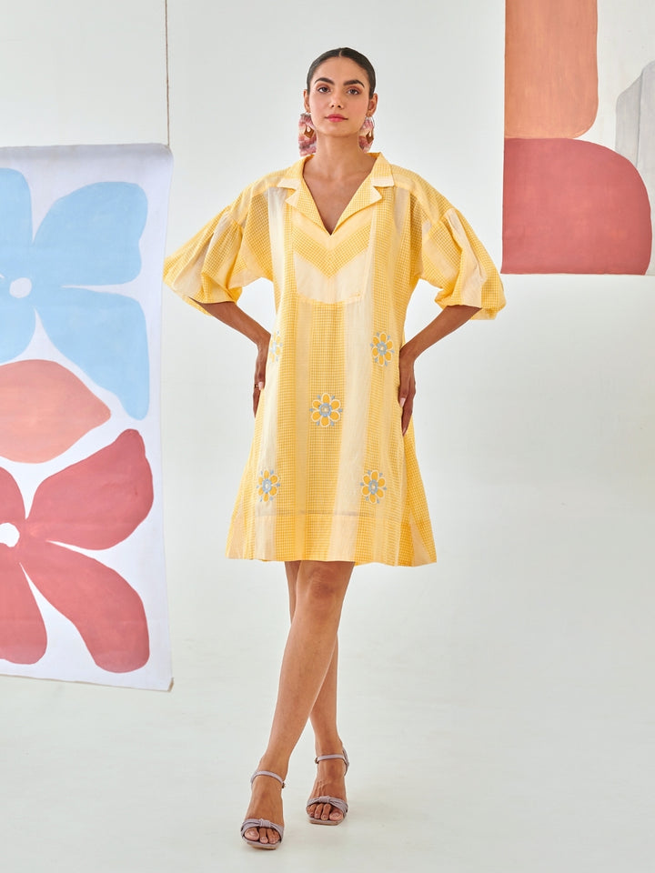 Yellow Check Short Dress With Floral Embroidery Detail