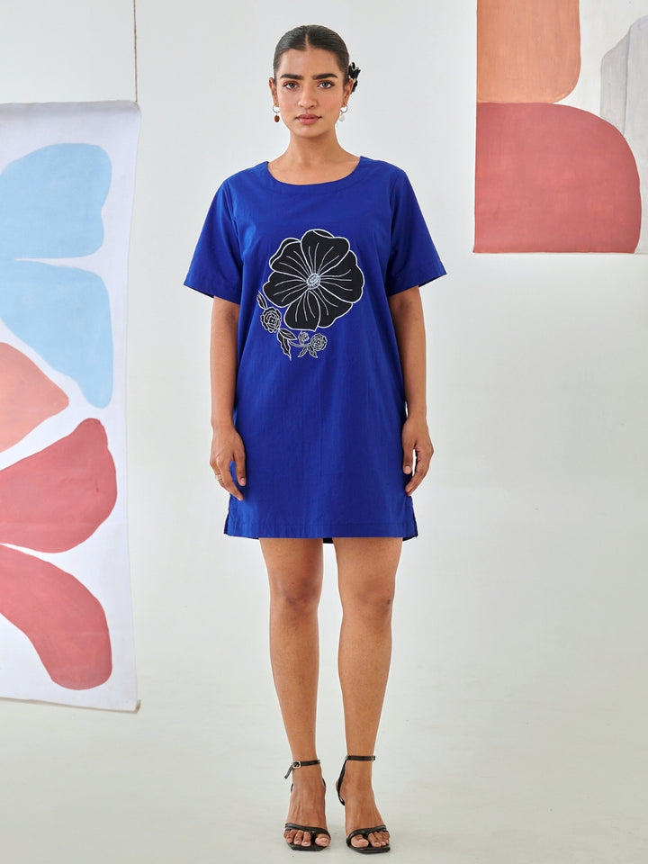 Blue Shift Dress With Floral Patch Detail