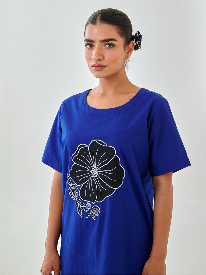 Blue Shift Dress With Floral Patch Detail