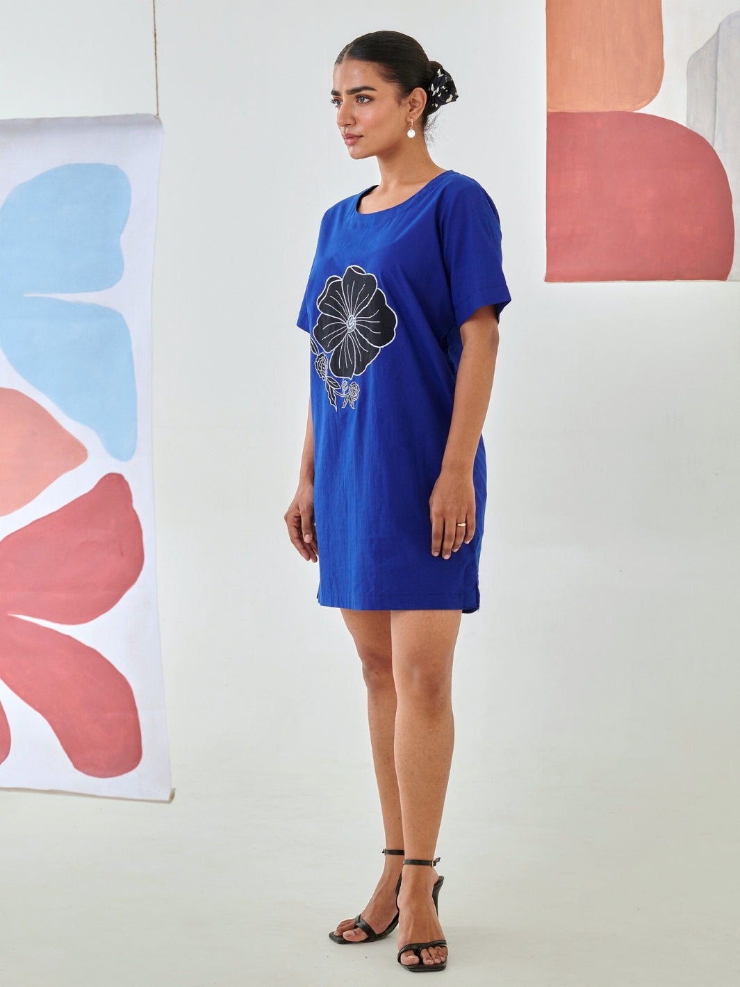 Blue Shift Dress With Floral Patch Detail