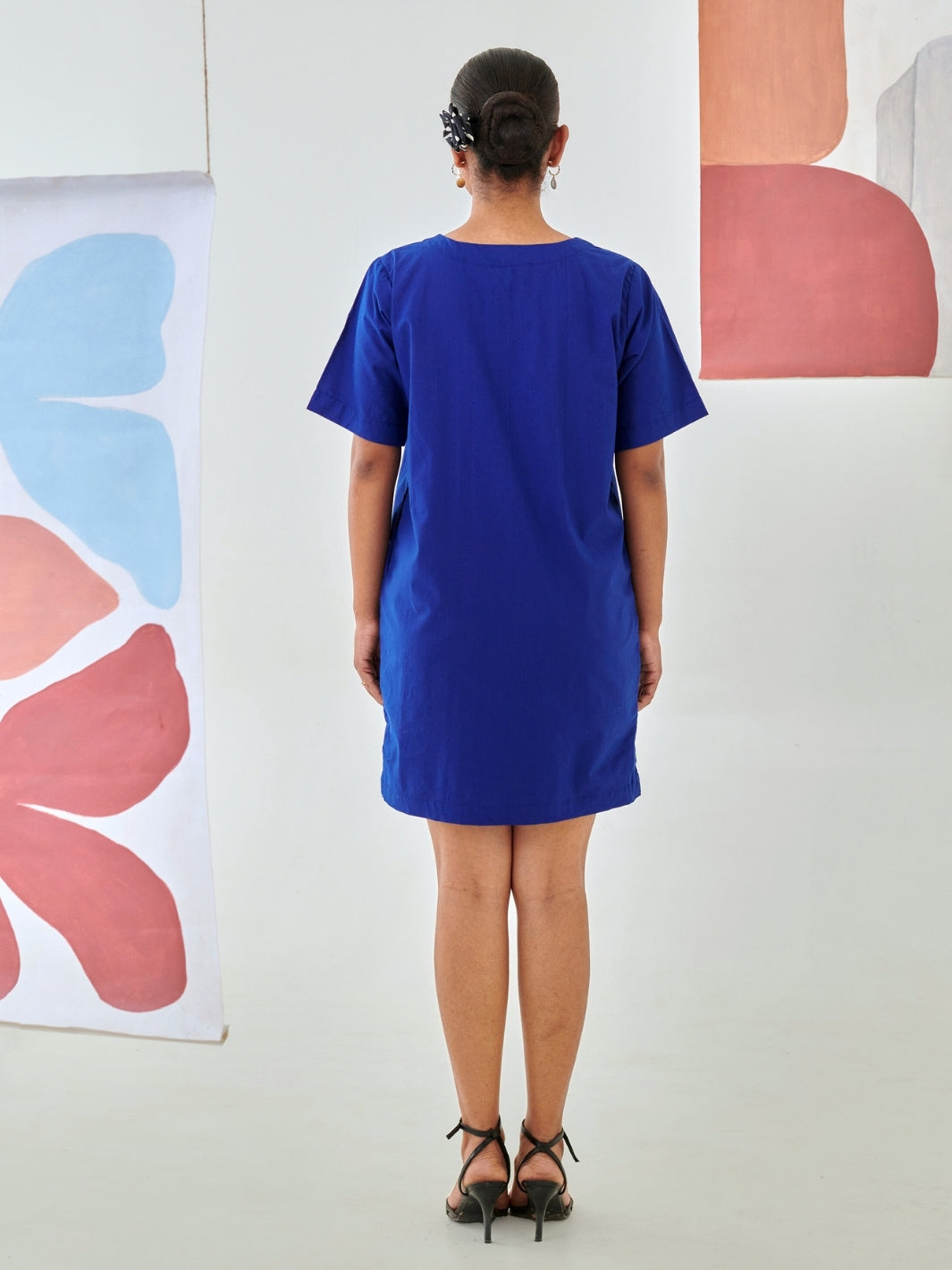 Blue Shift Dress With Floral Patch Detail