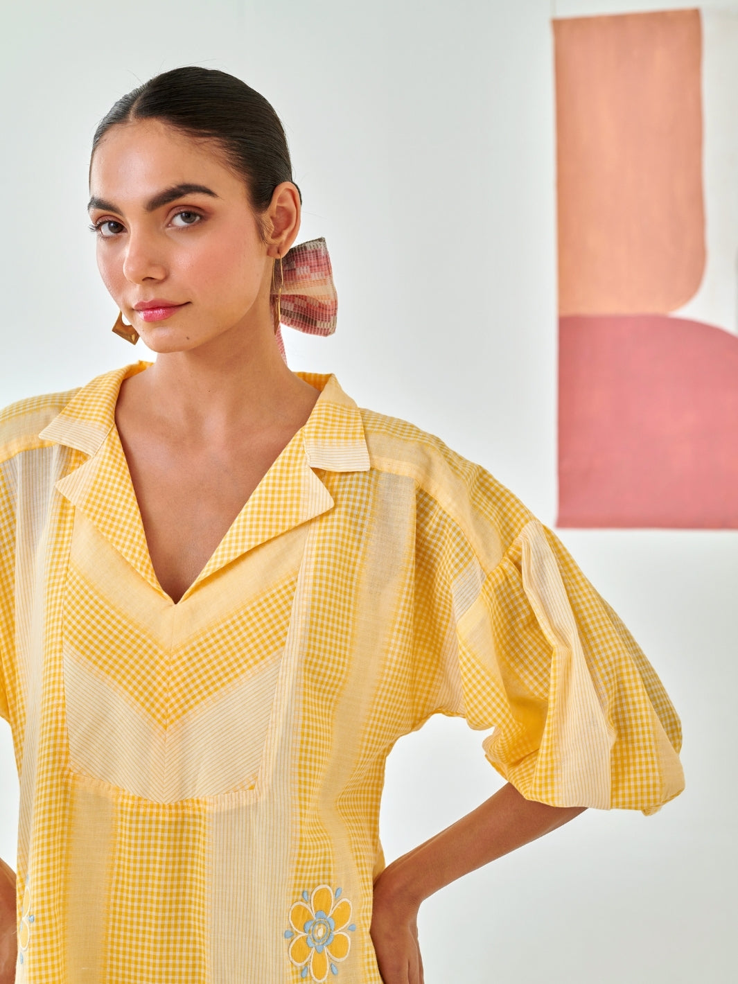 Yellow Check Short Dress With Floral Embroidery Detail
