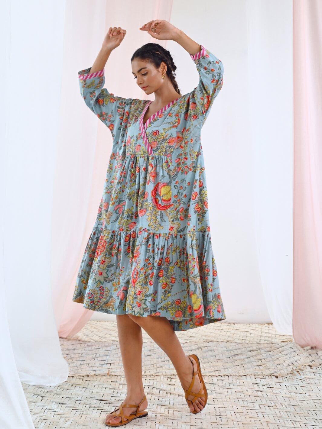 Aqua Blue Cotton V-Neck Midi Floral Dress - Main Image