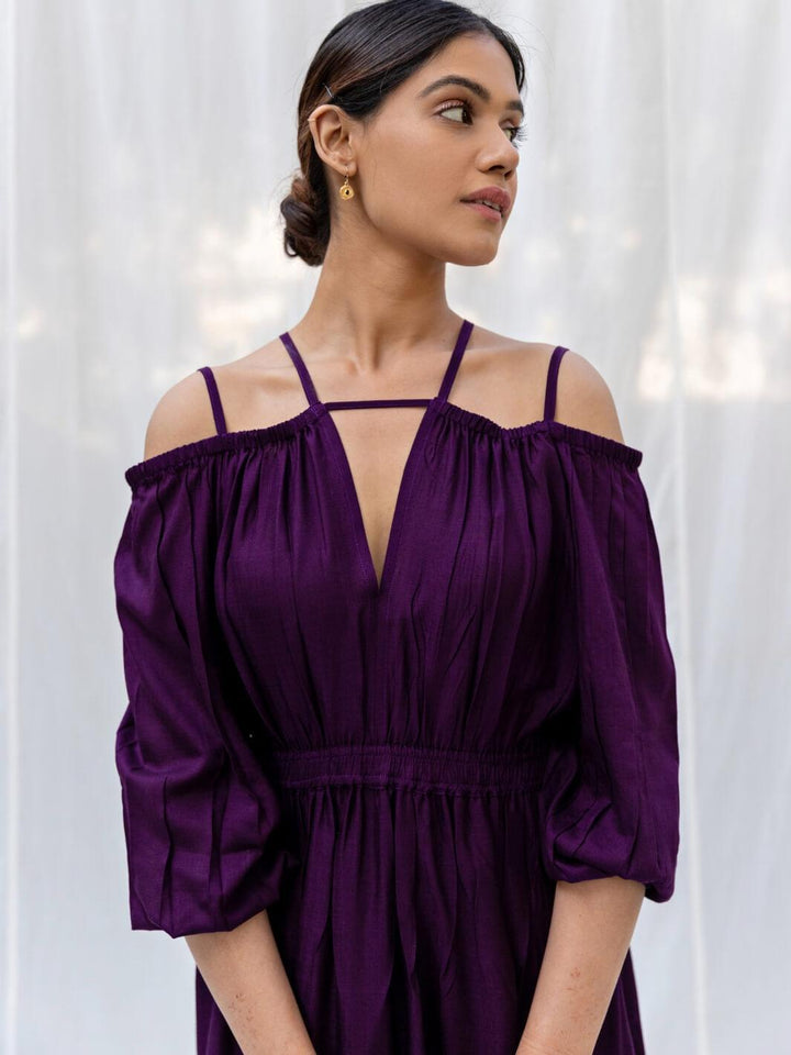 Aubergine Cold Shoulder Long Cotton Maxi Dress - Moontara