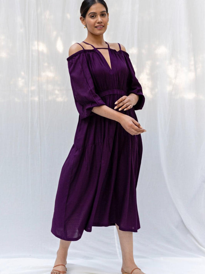 Aubergine Cold Shoulder Long Cotton Maxi Dress - Moontara