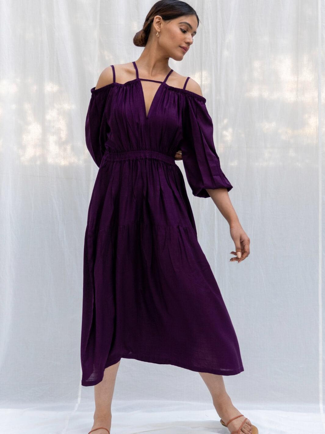 Aubergine Cold Shoulder Long Cotton Maxi Dress - Moontara
