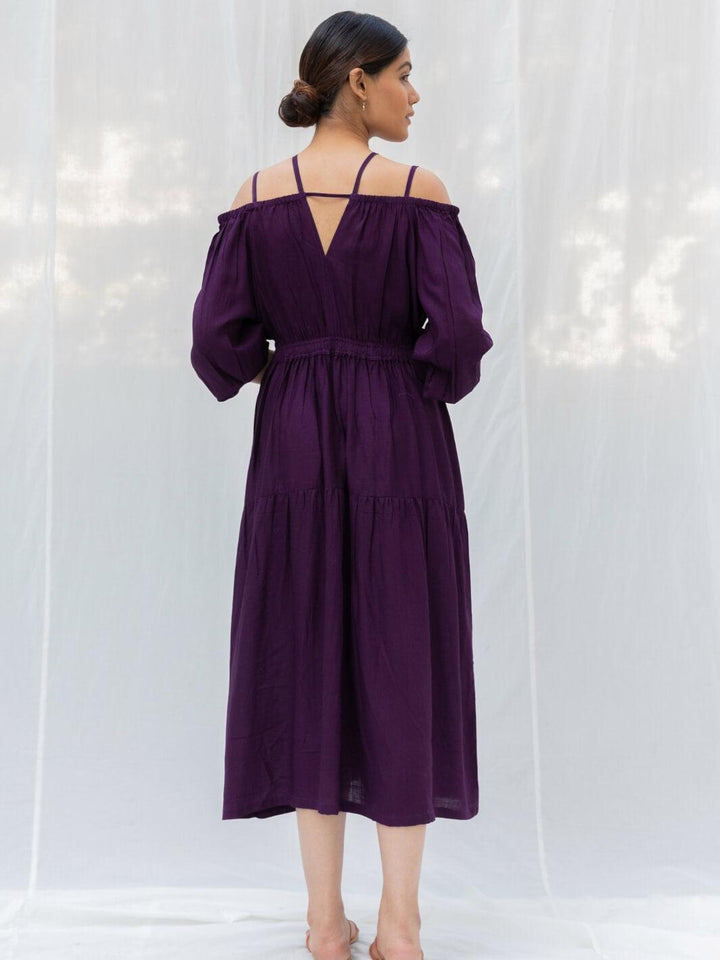 Aubergine Cold Shoulder Long Cotton Maxi Dress - Moontara