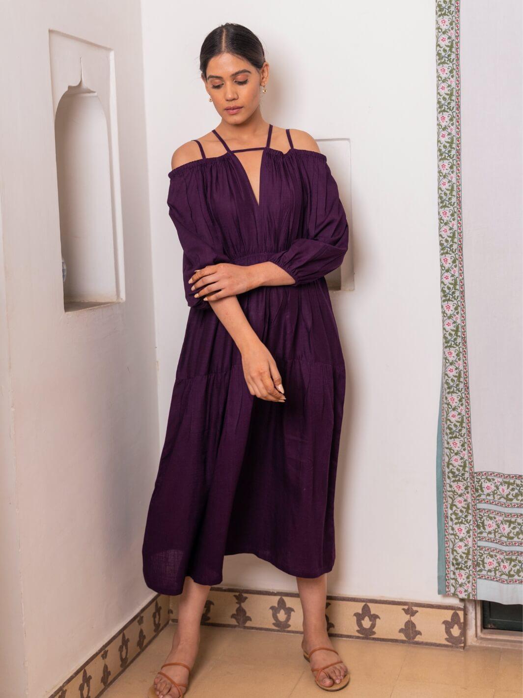 Aubergine Cold Shoulder Long Cotton Maxi Dress - Moontara