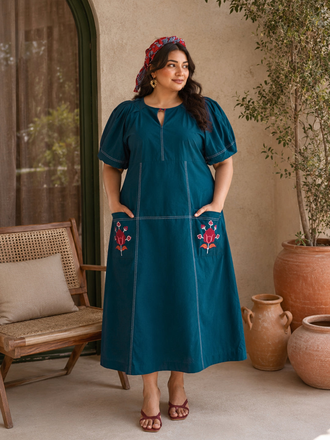 Teora : Teal Cotton Midi Dress with Embroidered Pockets