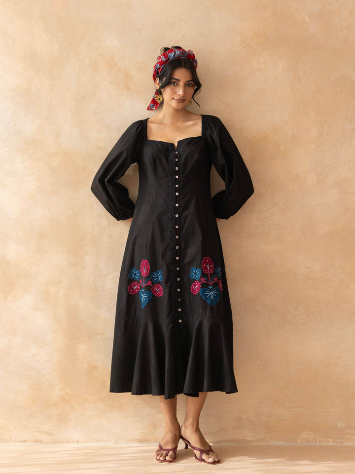 Midnight : Black Cotton Midi Dress for Women with Embroidered Floral Details