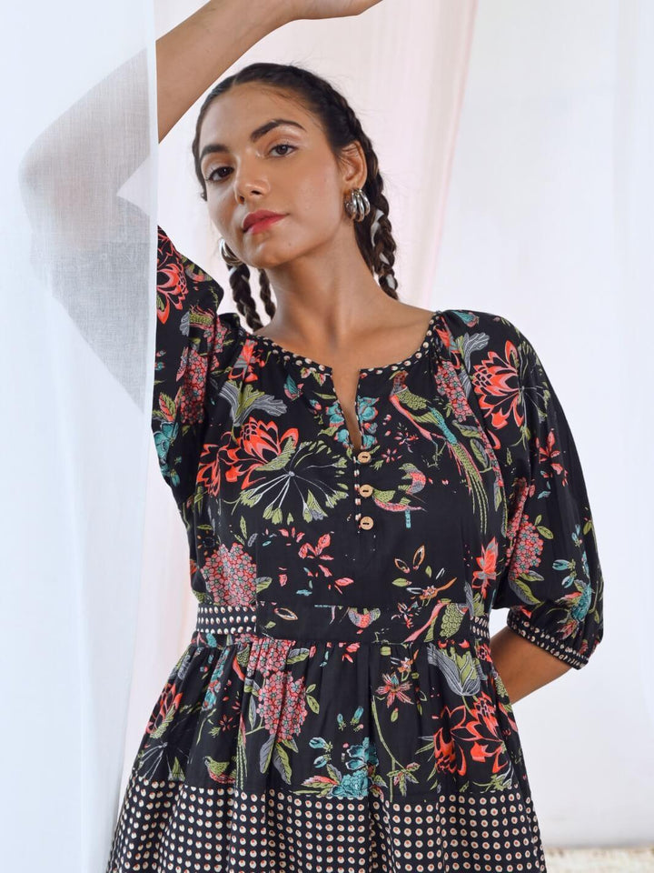 Black Cotton Printed Long Dress with Balloon Sleeves - Moontara