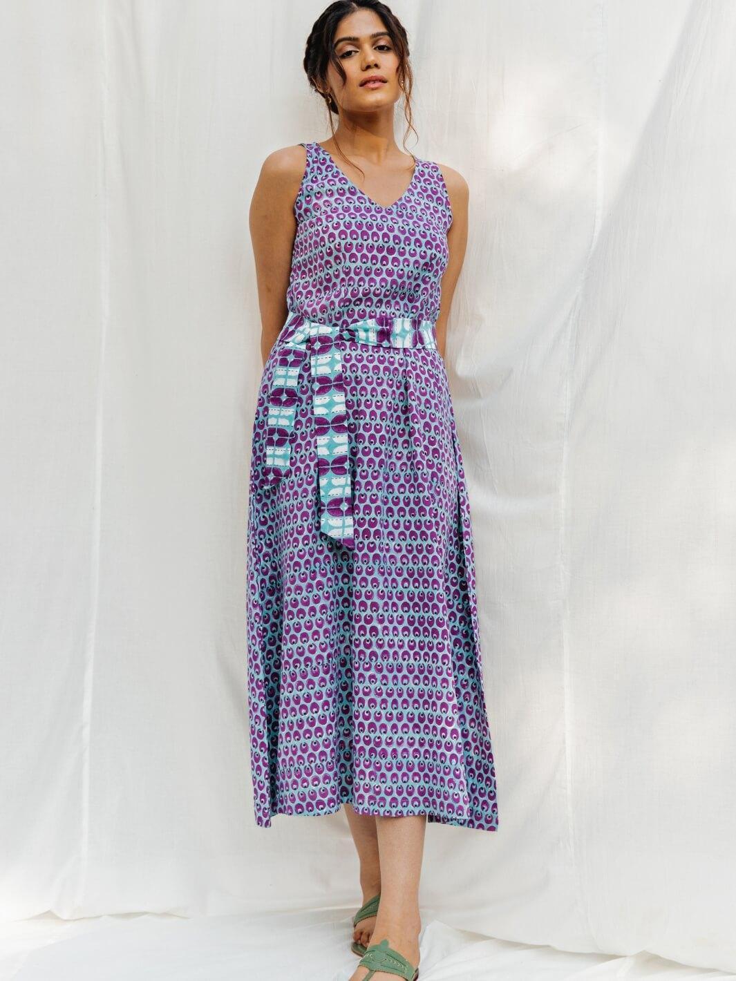 Blue & Purple Handblock Print Long Cotton Midi Dress - Moontara
