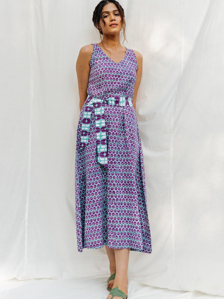 Blue & Purple Handblock Print Long Cotton Midi Dress - Moontara