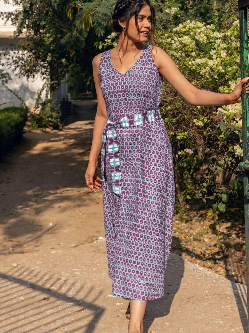 Blue & Purple Handblock Print Long Cotton Midi Dress - Moontara