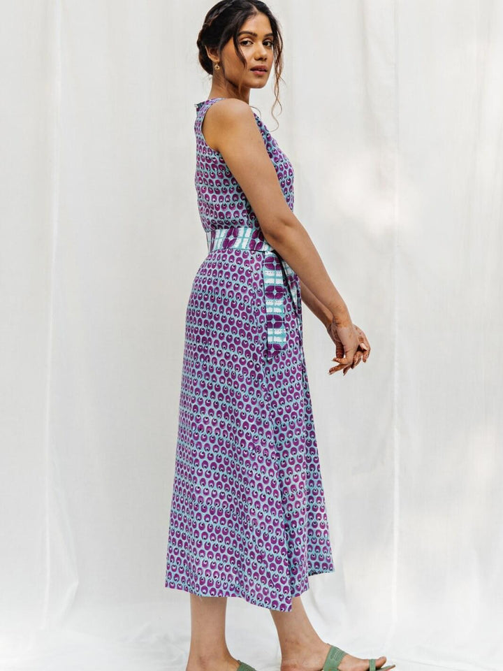 Blue & Purple Handblock Print Long Cotton Midi Dress - Moontara