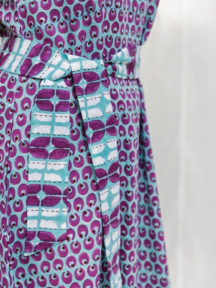 Blue & Purple Handblock Print Long Cotton Midi Dress - Moontara