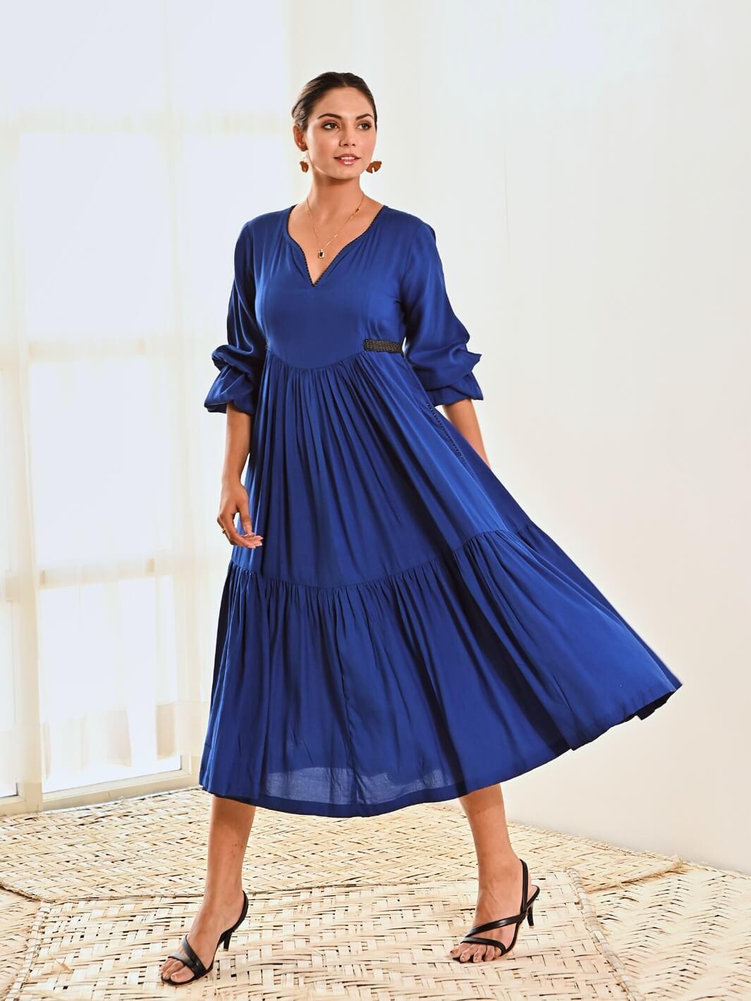 Blue Cotton Maxi Long Dress with Belt MoonTara Blue Cotton Maxi Long Dress with Belt MoonTara