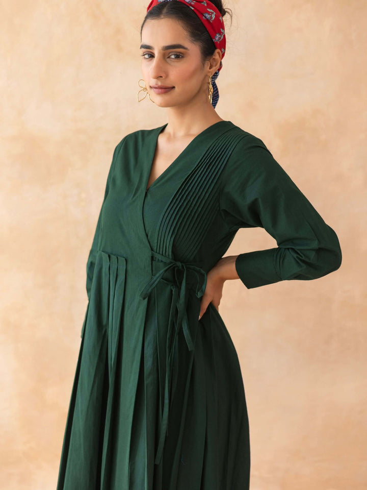 Mossie : Cotton Wrap Midi Dress in Dark Green | Casual Summer Dress