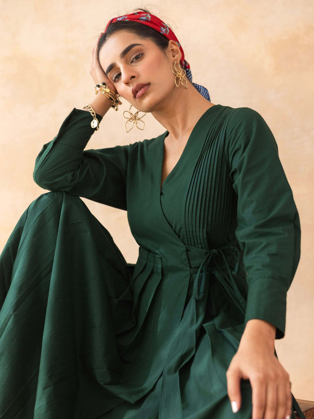 Mossie : Cotton Wrap Midi Dress in Dark Green | Casual Summer Dress