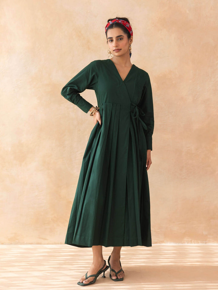 Mossie : Cotton Wrap Midi Dress in Dark Green | Casual Summer Dress