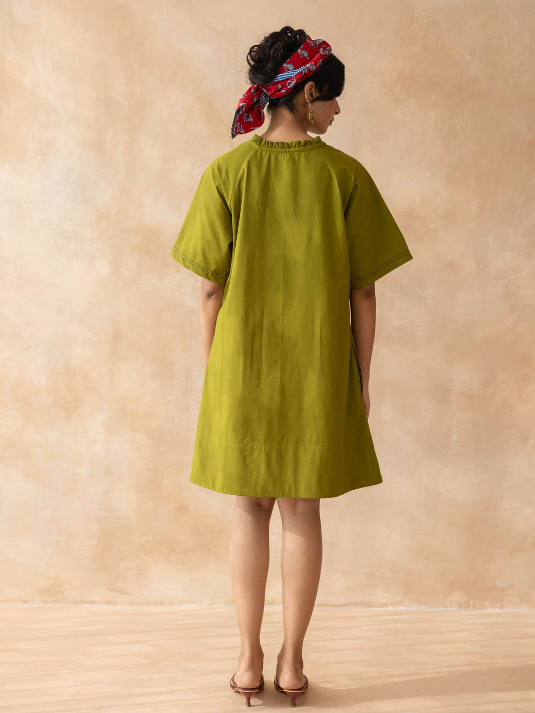 Olley : Dark Olive  Cotton Knee-Length Dress with Embroidered Pockets