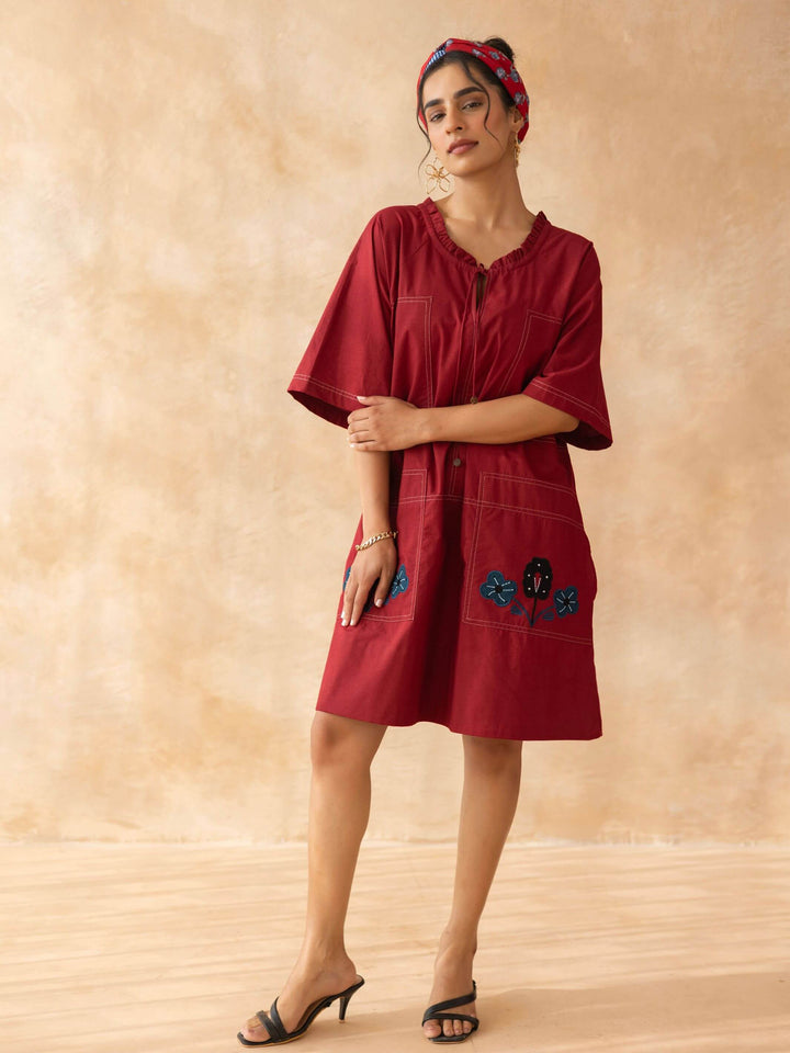 Marcella : Deep Maroon Cotton Knee-Length Dress with Embroidered Pockets